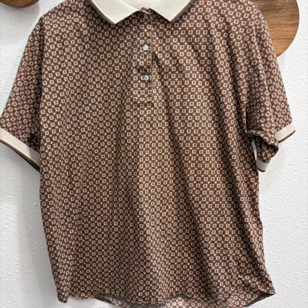 Tail Womens Brown Geometric Diamond Print Mercerized Cotton Polo Shirt Size L